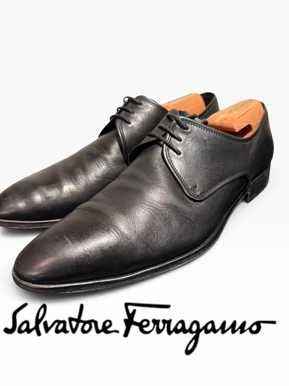 🇮🇹 Salvatore Ferragamo Men's Black Leather Derby Lace-Up Dress Shoes US11/UK 10